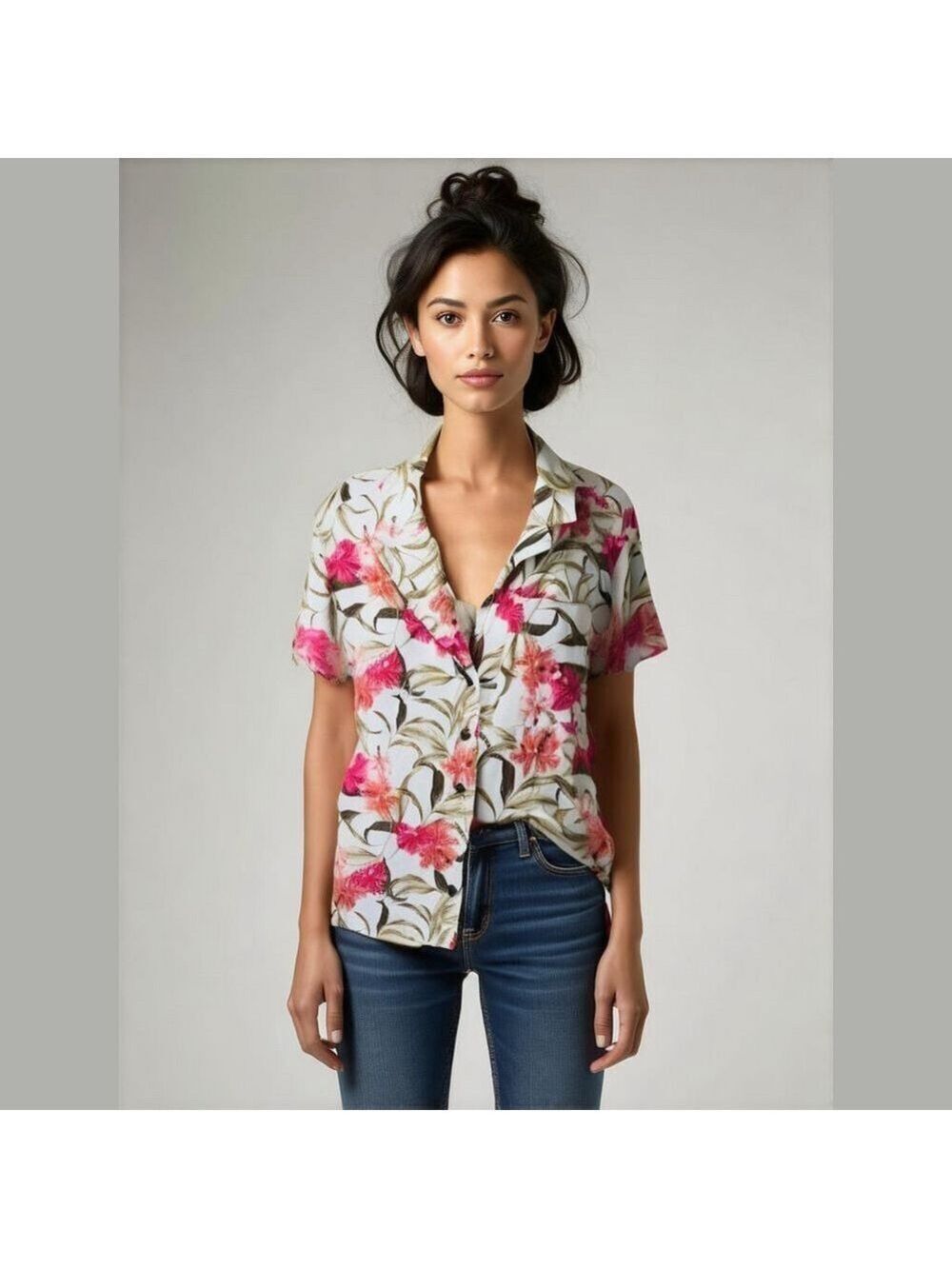 Kensie Jeans Linen Viscose Pink Floral Camp Shirt Size XL